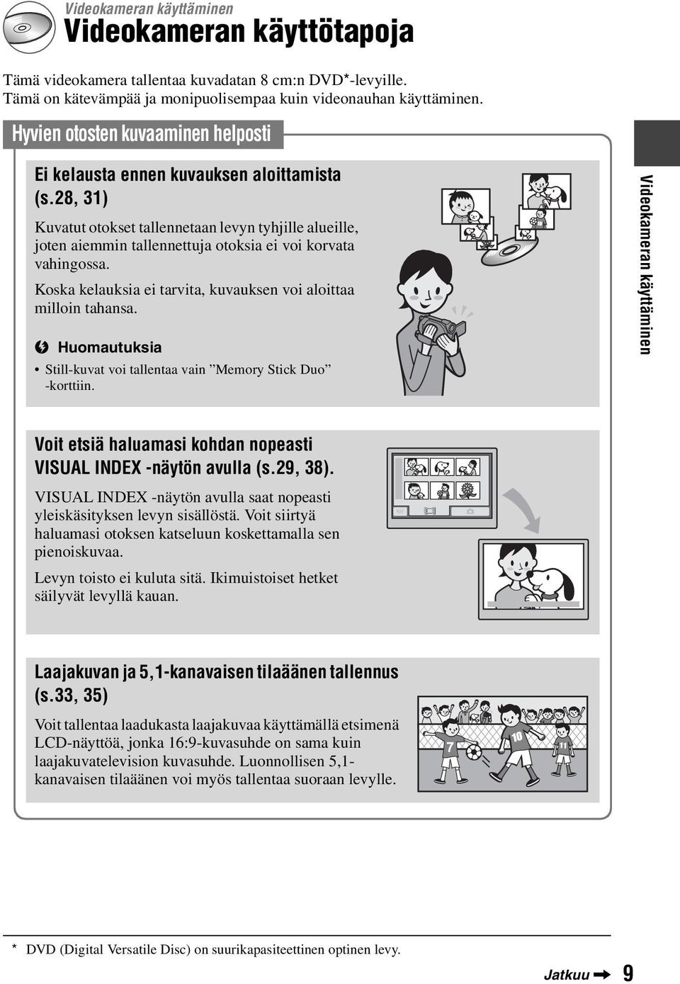 28, 31) Kuvatut otokset tallennetaan levyn tyhjille alueille, joten aiemmin tallennettuja otoksia ei voi korvata vahingossa. Koska kelauksia ei tarvita, kuvauksen voi aloittaa milloin tahansa.