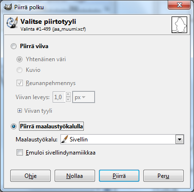 Tee muumille uudet ääriviivat: valinta poluksi, luo uusi läpinäkyvä taso, piirrä uudelle tasolle uudet ääriviivat painamalla Piirrä polku-painiketta. Piirrä viiva vähän paksummalla, esim.