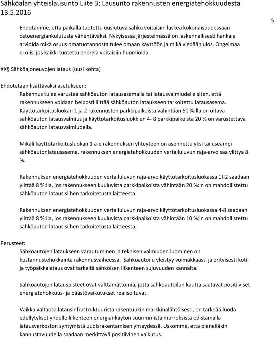 5 XX Sähköajoneuvojen lataus (uusi kohta) Ehdotetaan lisättäväksi asetukseen: Rakennus tulee varustaa sähköauton latausasemalla tai latausvalmiudella siten, että rakennukseen voidaan helposti liittää