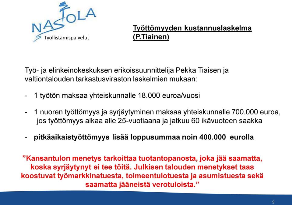000 euroa/vuosi - 1 nuoren työttömyys ja syrjäytyminen maksaa yhteiskunnalle 700.