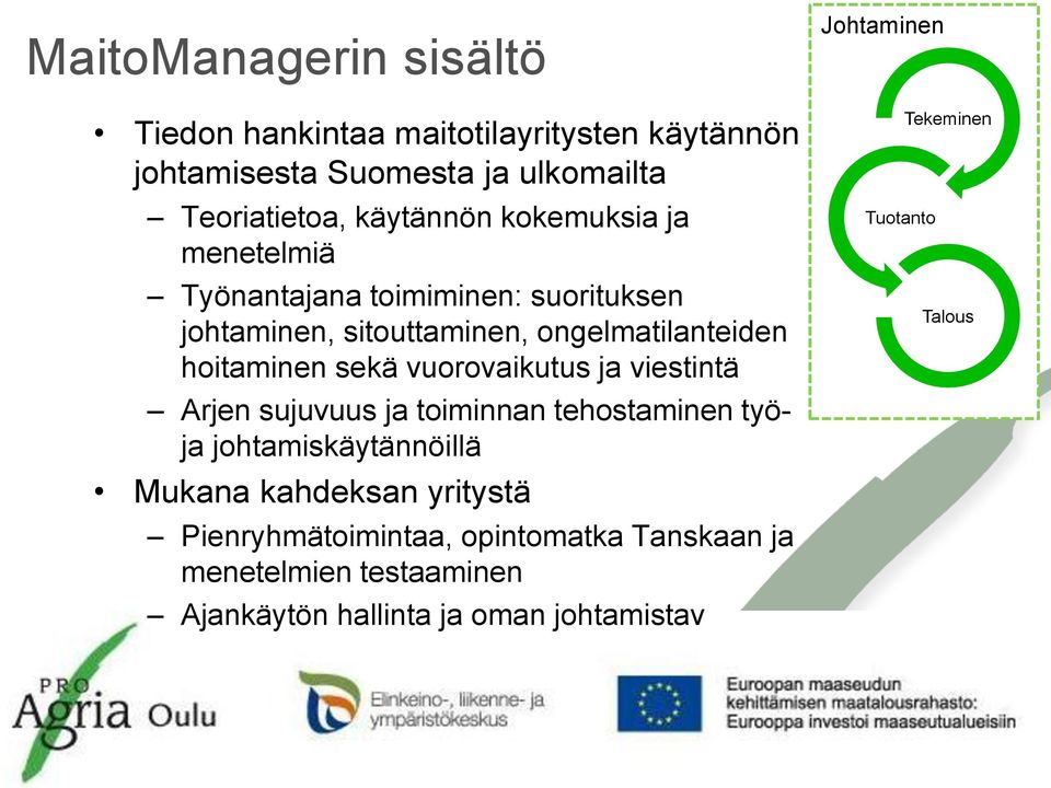 vuorovaikutus ja viestintä Arjen sujuvuus ja toiminnan tehostaminen työja johtamiskäytännöillä Mukana kahdeksan yritystä