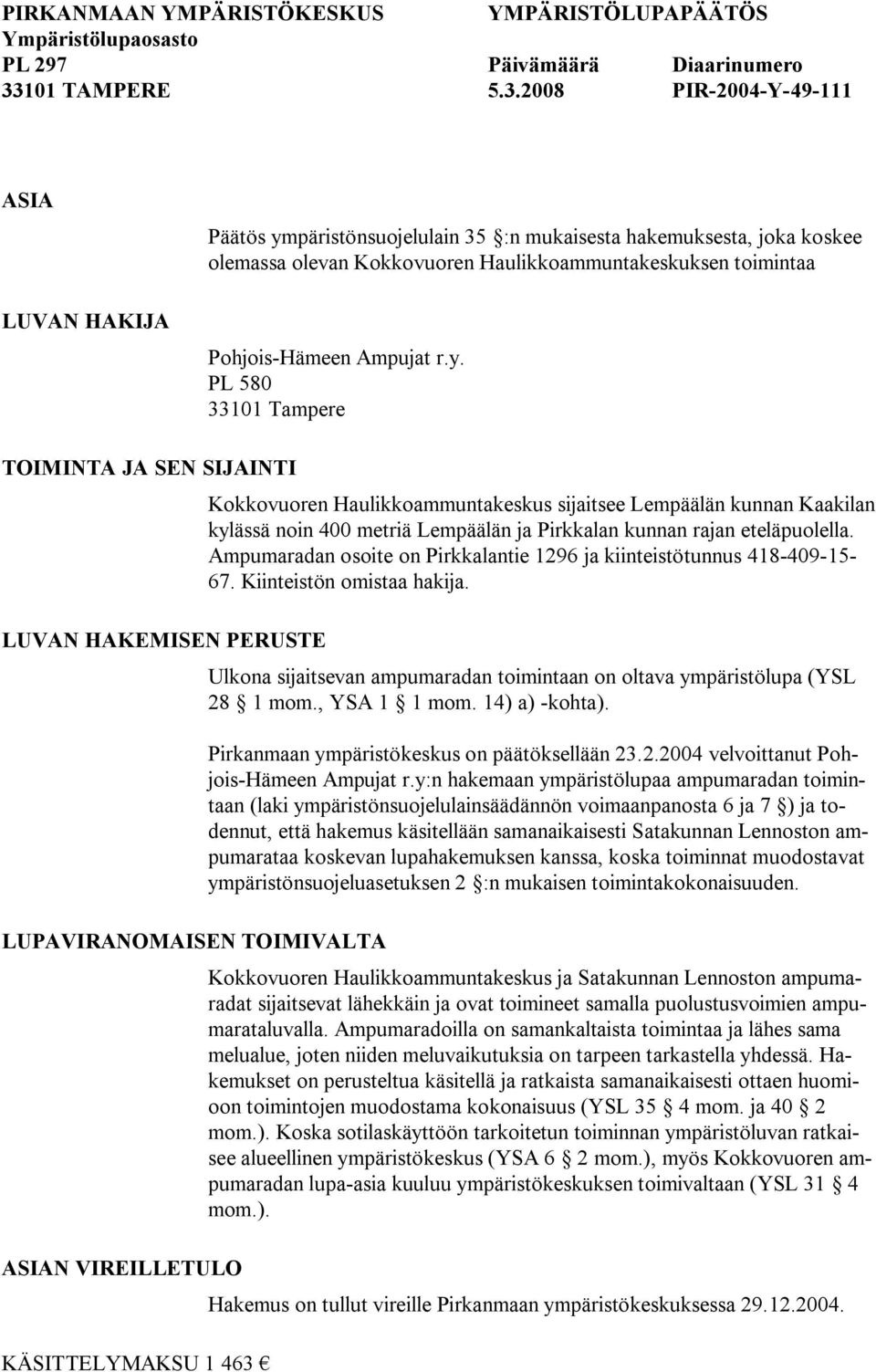 2008 PIR 2004 Y 49 111 ASIA LUVAN HAKIJA Päätös ympäristönsuojelulain 35 :n mukaisesta hakemuksesta, joka koskee olemassa olevan Kokkovuoren Haulikkoammuntakeskuksen toimintaa Pohjois Hämeen Ampujat