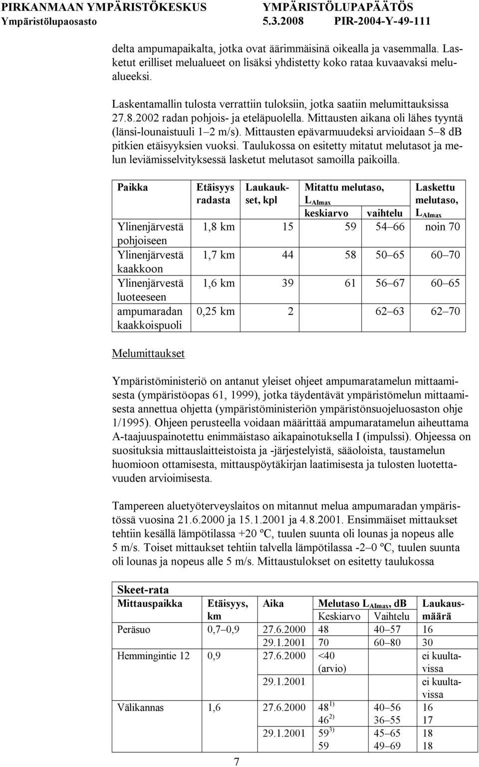 Mittausten epävarmuudeksi arvioidaan 5 8 db pitkien etäisyyksien vuoksi. Taulukossa on esitetty mitatut melutasot ja melun leviämisselvityksessä lasketut melutasot samoilla paikoilla.