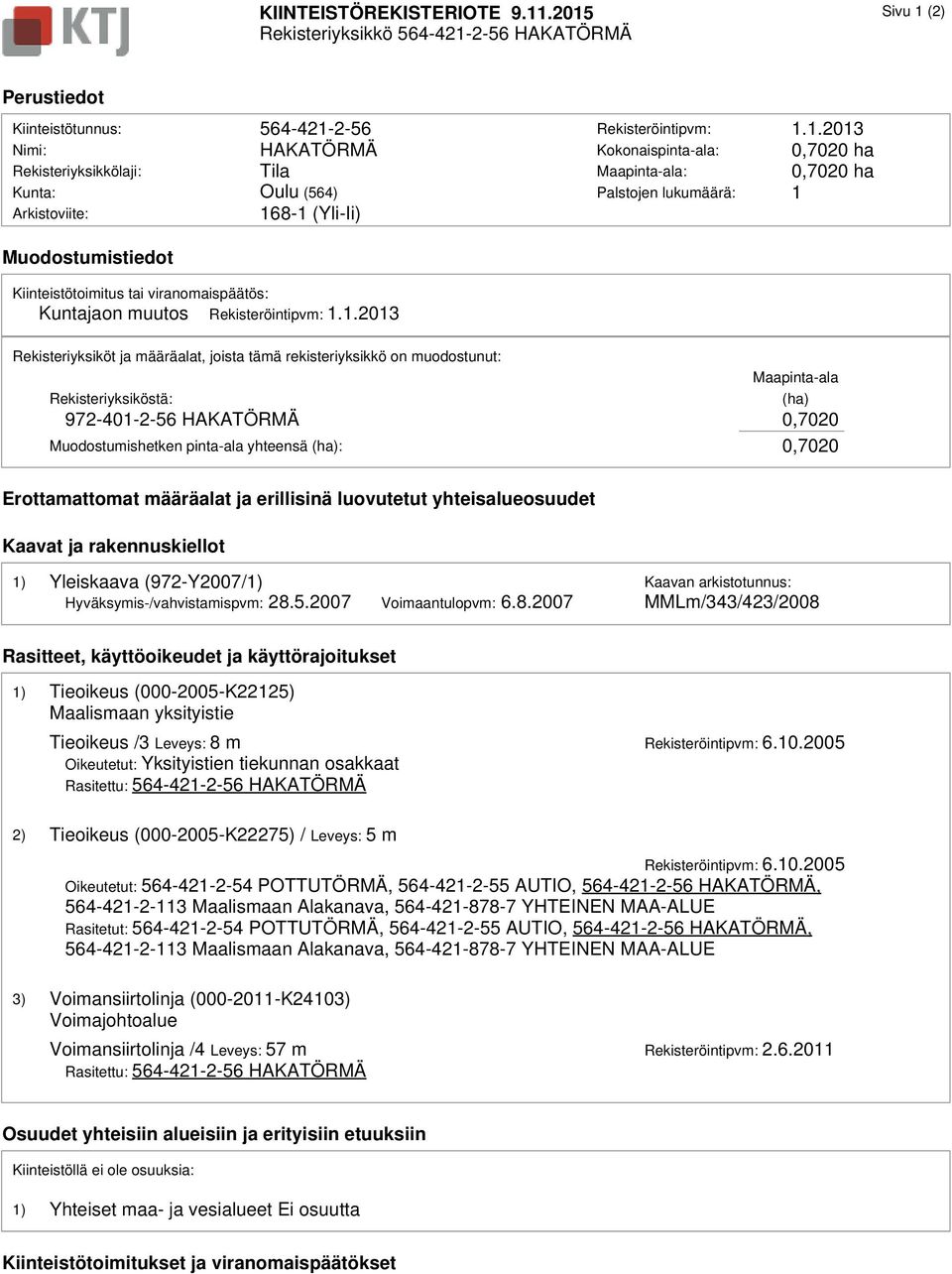 1.2013 Rekisteriyksiköt ja määräalat, joista tämä rekisteriyksikkö on muodostunut: Maapinta-ala Rekisteriyksiköstä: (ha) 972-401-2-56 HAKATÖRMÄ 0,7020 Muodostumishetken pinta-ala yhteensä (ha):