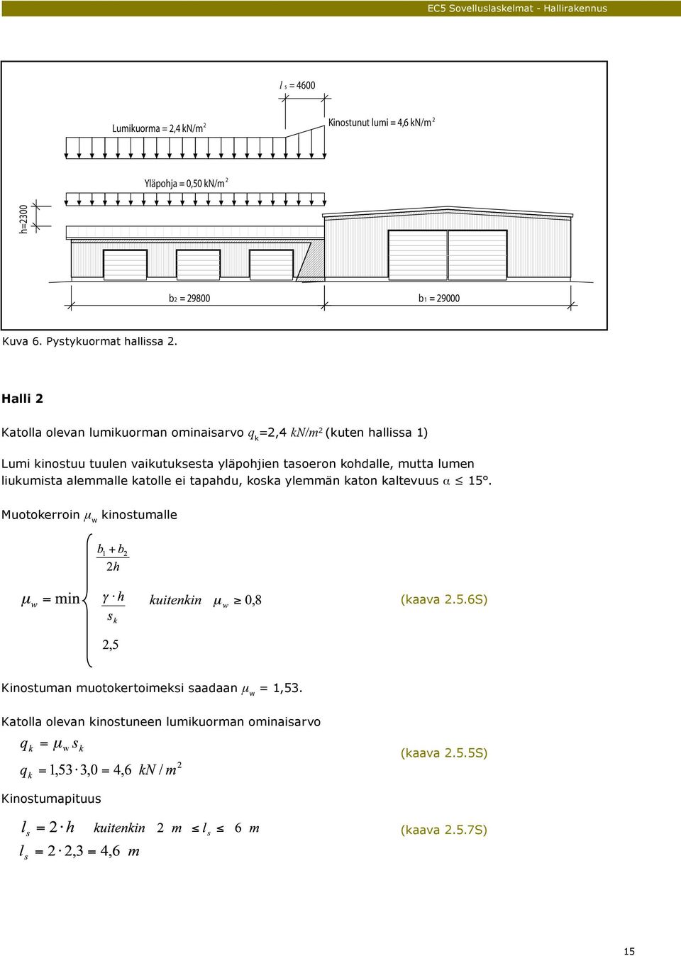 Halli 2 Katolla olevan lumikuorman ominaisarvo q k =2,4 kn/m 2 (kuten hallissa 1) Lumi kinostuu tuulen vaikutuksesta yläpohjien tasoeron