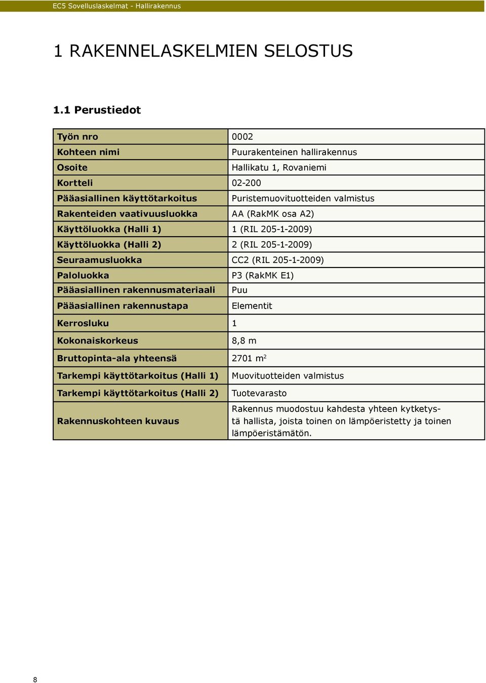 vaativuusluokka AA (RakMK osa A2) Käyttöluokka (Halli 1) 1 (RIL 205-1-2009) Käyttöluokka (Halli 2) 2 (RIL 205-1-2009) Seuraamusluokka CC2 (RIL 205-1-2009) Paloluokka P3 (RakMK E1) Pääasiallinen