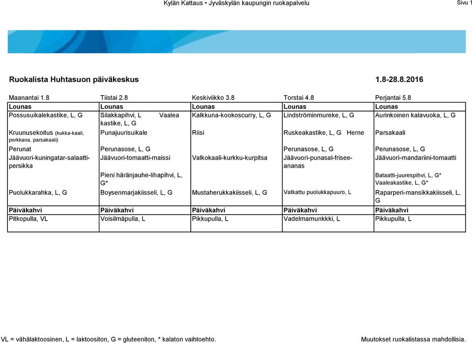 (kukka-kaali, porkkana, parsakaali) Punajuurisuikale Riisi Ruskeakastike, L, G Herne Parsakaali Perunat Perunasose, L, G Perunasose, L, G Perunasose, L, G Jäävuori-kuningatar-salaattipersikka