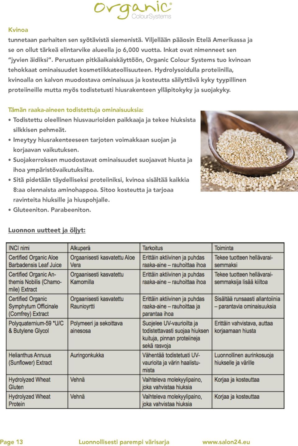 Hydrolysoidulla proteiinilla, kvinoalla on kalvon muodostava ominaisuus ja kosteutta säilyttävä kyky tyypillinen proteiineille mutta myös todistetusti hiusrakenteen ylläpitokyky ja suojakyky.