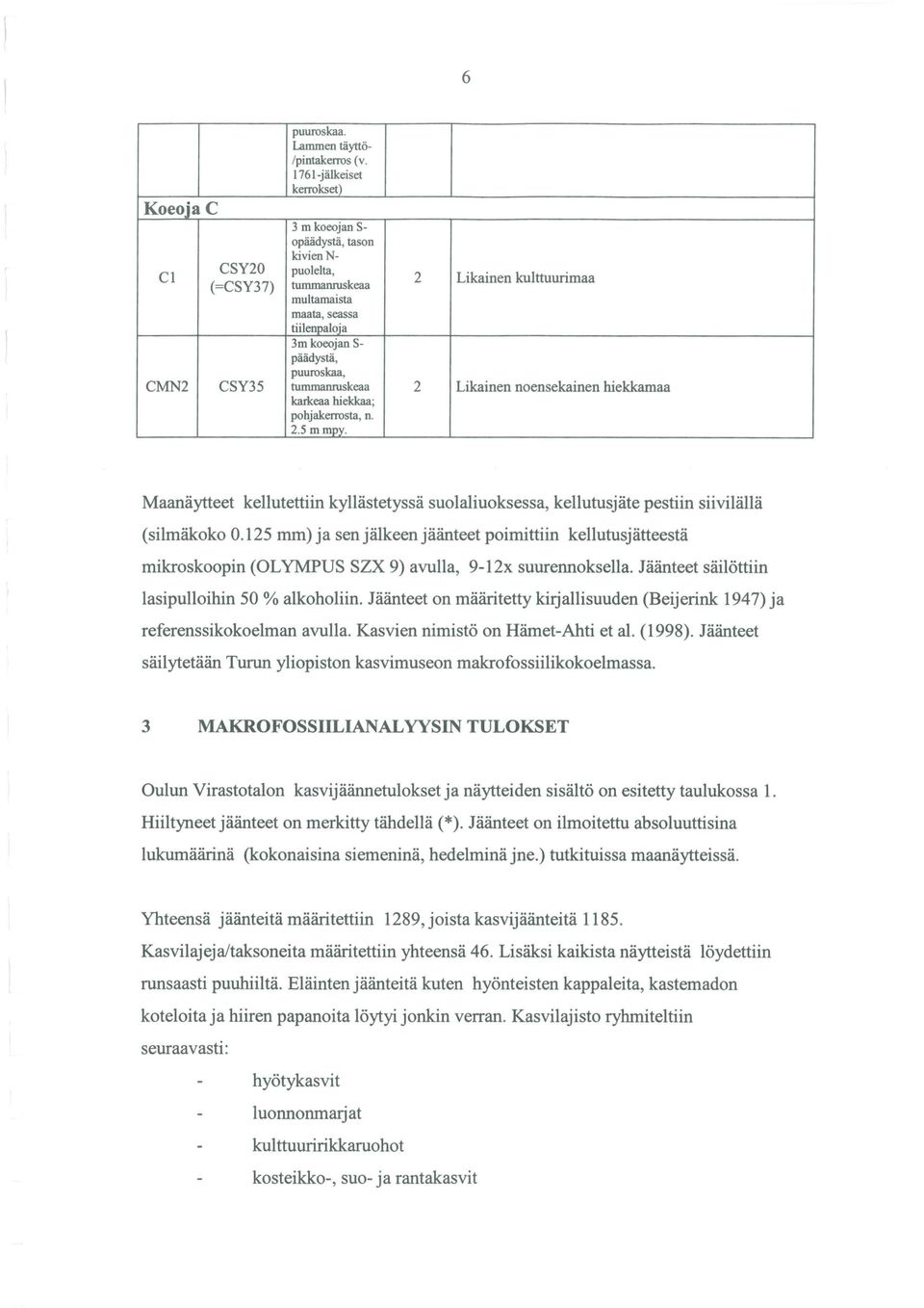 puuroskaa, CMN2 CSY35 tummanruskeaa 2 Likainen noensekainen hiekkamaa karkeaa hiekkaa; pohjakerrosta, n. 2.5 mmpy.