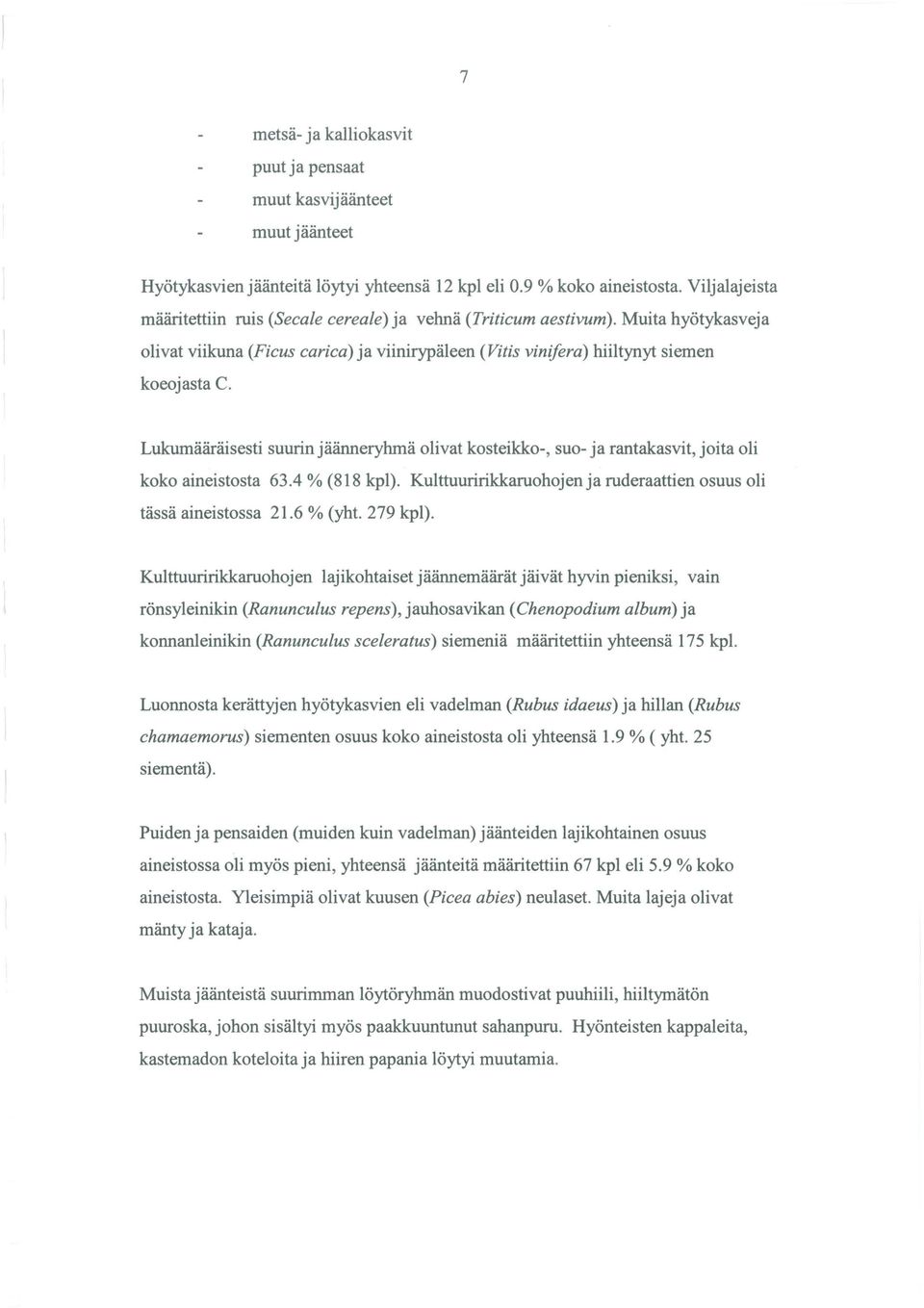 Lukumääräisesti suurin jäänneryhmä olivat kosteikko-, suo- ja rantakasvit, joita oli koko aineistosta 63.4% (818 kpl). Kulttuuririkkaruohojenja ruderaattien osuus oli tässä aineistossa 21.6 % (yht.