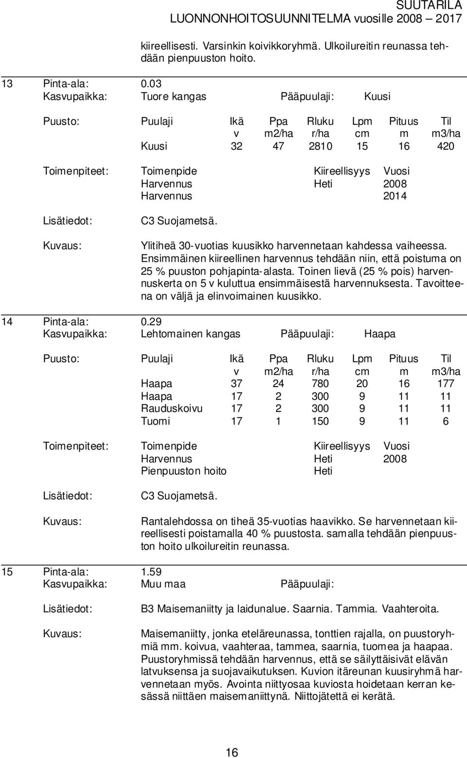 Ylitiheä 30-uotias kuusikko harennetaan kahdessa aiheessa. Ensiäinen kiireellinen harennus tehdään niin, että poistua on 25 % puuston pohjapinta-alasta.