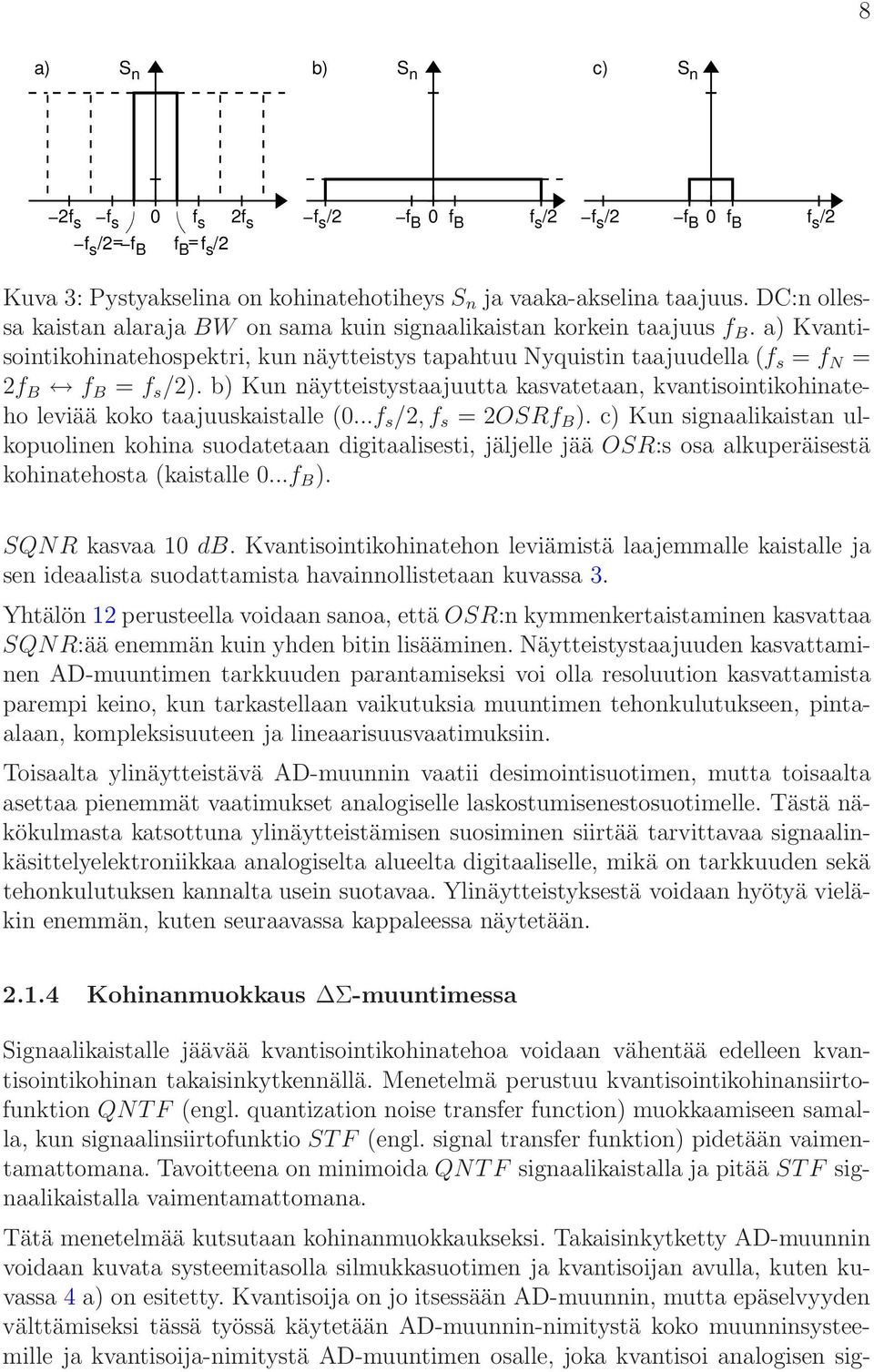 b) Kun näytteistystaajuutta kasvatetaan, kvantisointikohinateho leviää koko taajuuskaistalle (0...f s /2, f s = 2OSRf B ).