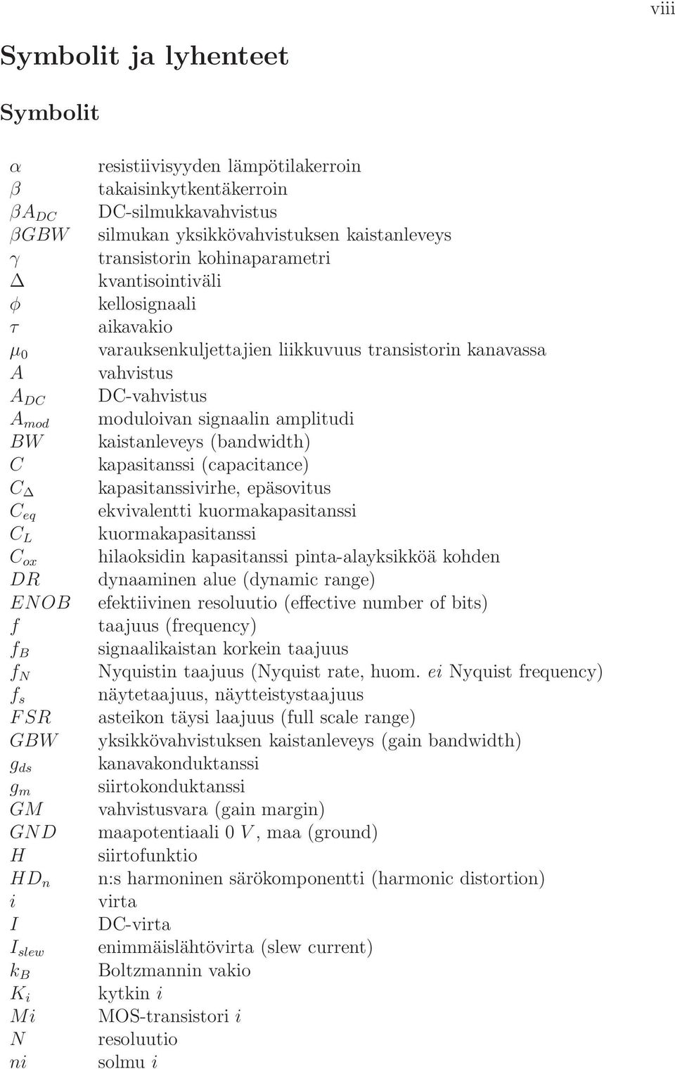 kaistanleveys (bandwidth) C kapasitanssi (capacitance) C kapasitanssivirhe, epäsovitus C eq ekvivalentti kuormakapasitanssi C L kuormakapasitanssi C ox hilaoksidin kapasitanssi pinta-alayksikköä