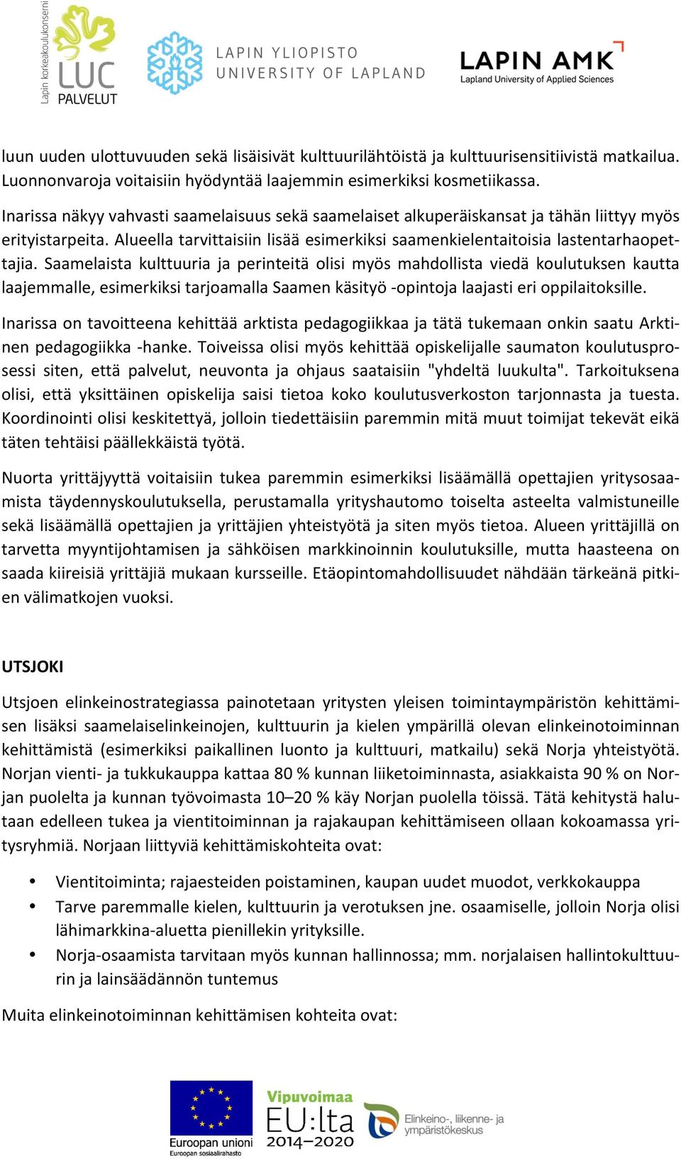 Saamelaista kulttuuria ja perinteitä olisi myös mahdollista viedä koulutuksen kautta laajemmalle, esimerkiksi tarjoamalla Saamen käsityö -opintoja laajasti eri oppilaitoksille.