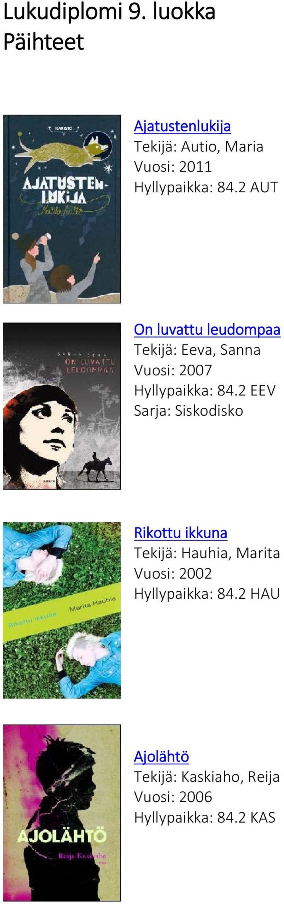 2 AUT On luvattu leudompaa Tekijä: Eeva, Sanna Vuosi: 2007 Hyllypaikka: 84.