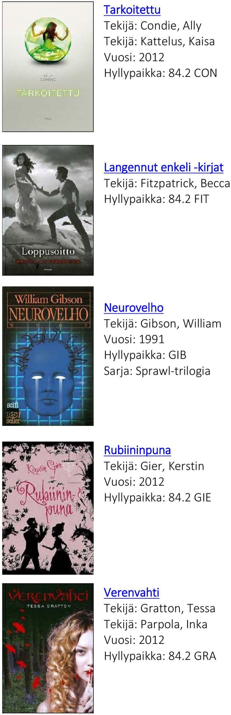 2 FIT Neurovelho Tekijä: Gibson, William Vuosi: 1991 Hyllypaikka: GIB Sarja: Sprawl trilogia