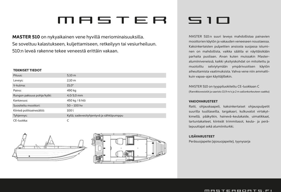 l Tyhjennys: Kyllä, sadevesityhjentyvä ja sähköpumppu CE-luokka: C MASTER 510:n suuri leveys mahdollistaa painavien moottorien käytön ja vakauden veneeseen noustaessa.