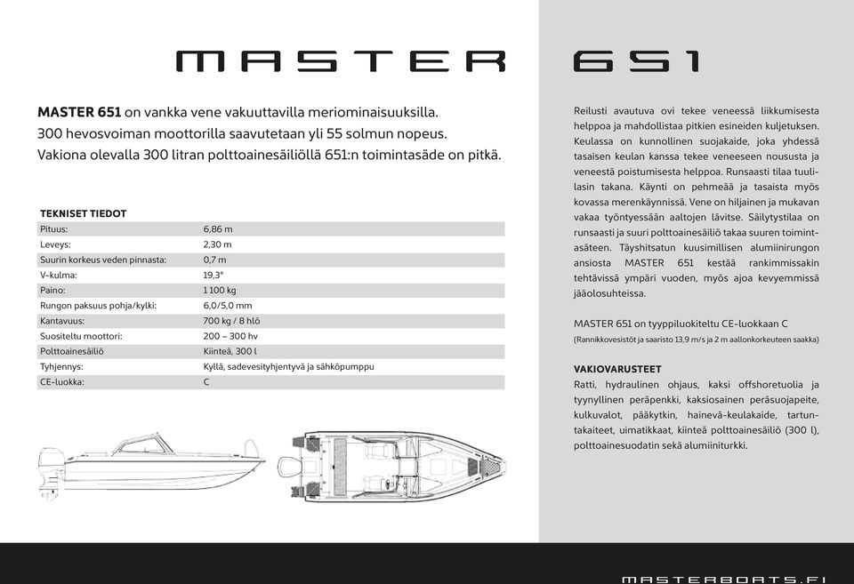 200 300 hv Polttoainesäiliö Kiinteä, 300 l Tyhjennys: Kyllä, sadevesityhjentyvä ja sähköpumppu CE-luokka: C Reilusti avautuva ovi tekee veneessä liikkumisesta helppoa ja mahdollistaa pitkien