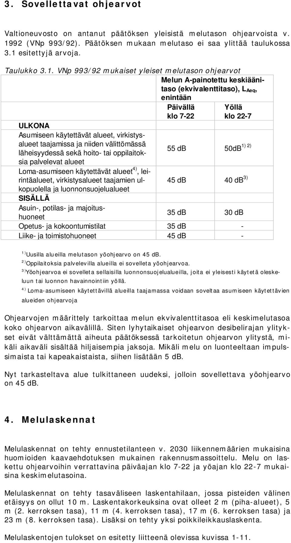 VNp 993/92 mukaiset yleiset melutason ohjearvot Melun A-painotettu keskiäänitaso (ekvivalenttitaso), L Aeq, ULKONA Asumiseen käytettävät alueet, virkistysalueet taajamissa ja niiden välittömässä