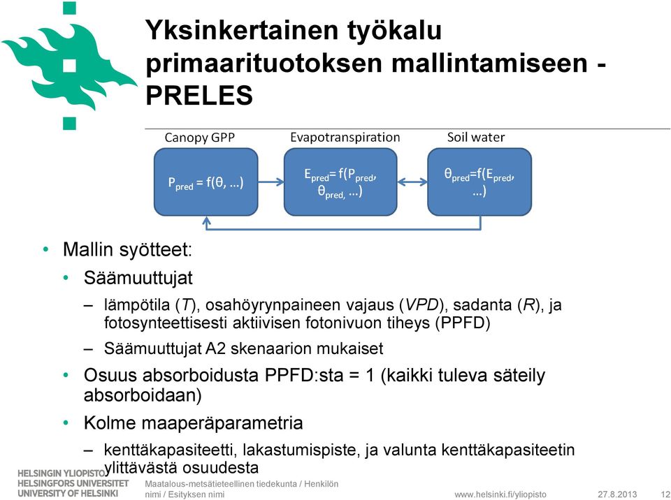 skenaarion mukaiset Osuus absorboidusta PPFD:sta = 1 (kaikki tuleva säteily absorboidaan) Kolme maaperäparametria