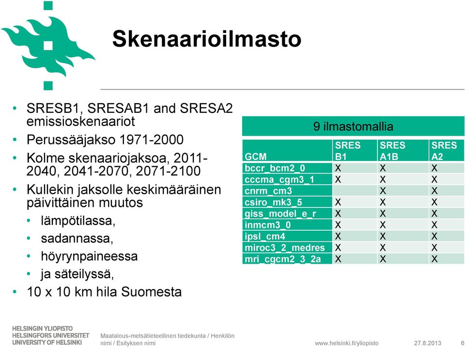 säteilyssä, 10 x 10 km hila Suomesta 9 ilmastomallia GCM SRES B1 SRES A1B SRES A2 bccr_bcm2_0 X X X cccma_cgm3_1 X X X cnrm_cm3 X