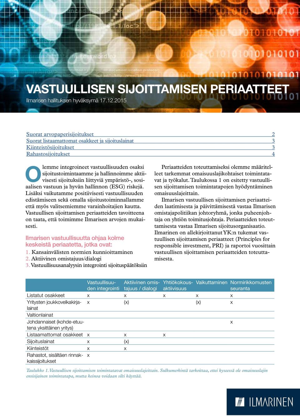 ovat: 1. Kansainvälisten normien kunnioittaminen 2. Aktiivinen omistajuus/dialogi 3.