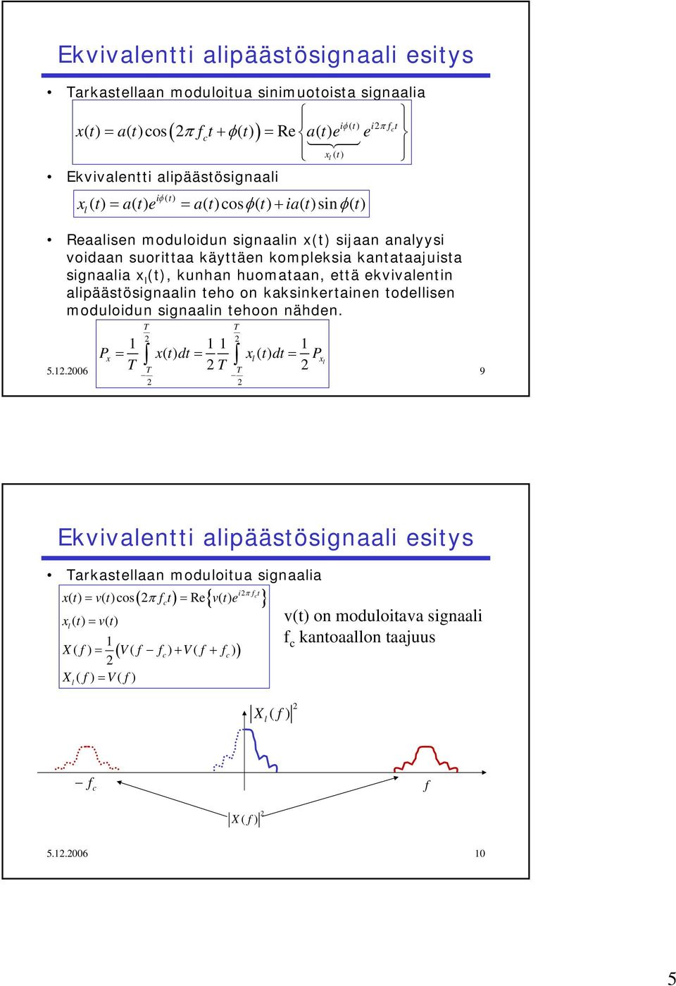 alipääsösignaalin eho on kaksinkerainen odellisen moduloidun signaalin ehoon nähden. Px = x() d xl() d Px 5.