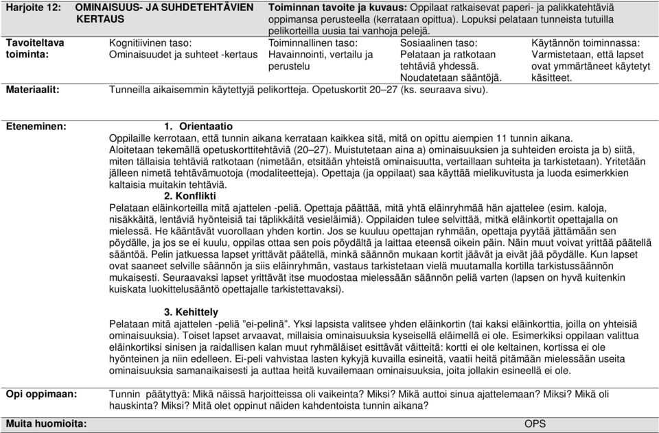 Tunneilla aikaisemmin käytettyjä pelikortteja. Opetuskortit 20 27 (ks. seuraava sivu). Varmistetaan, että lapset ovat ymmärtäneet käytetyt käsitteet. 1.