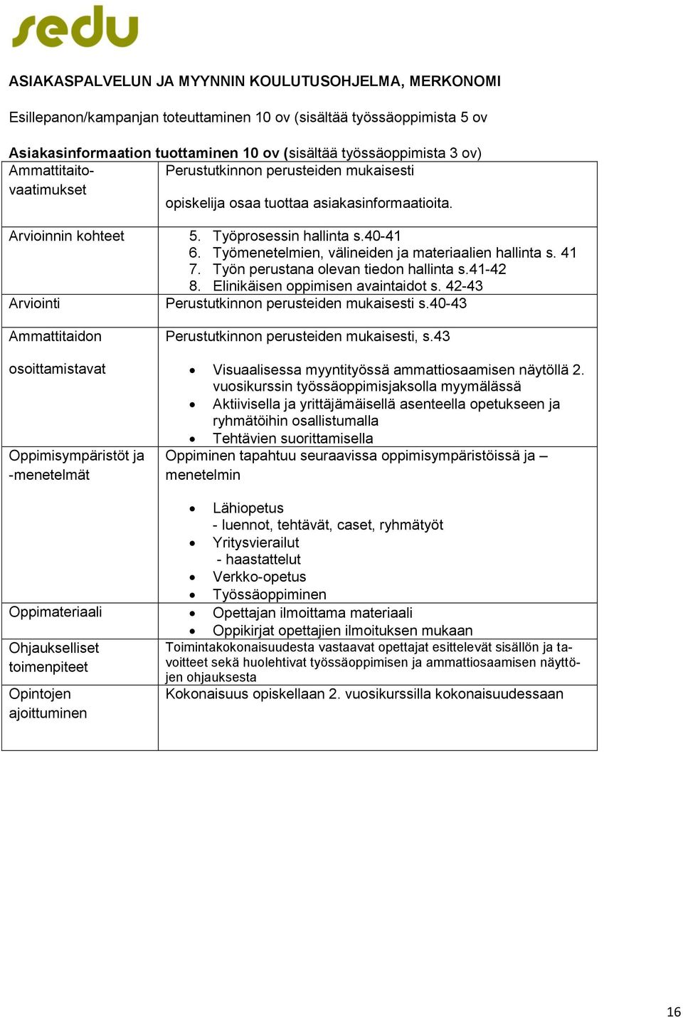 Arvioinnin kohteet Arviointi Ammattitaidon osoittamistavat Oppimisympäristöt ja -menetelmät 5. Työprosessin hallinta s.40-41 6. Työmenetelmien, välineiden ja materiaalien hallinta s. 41 7.