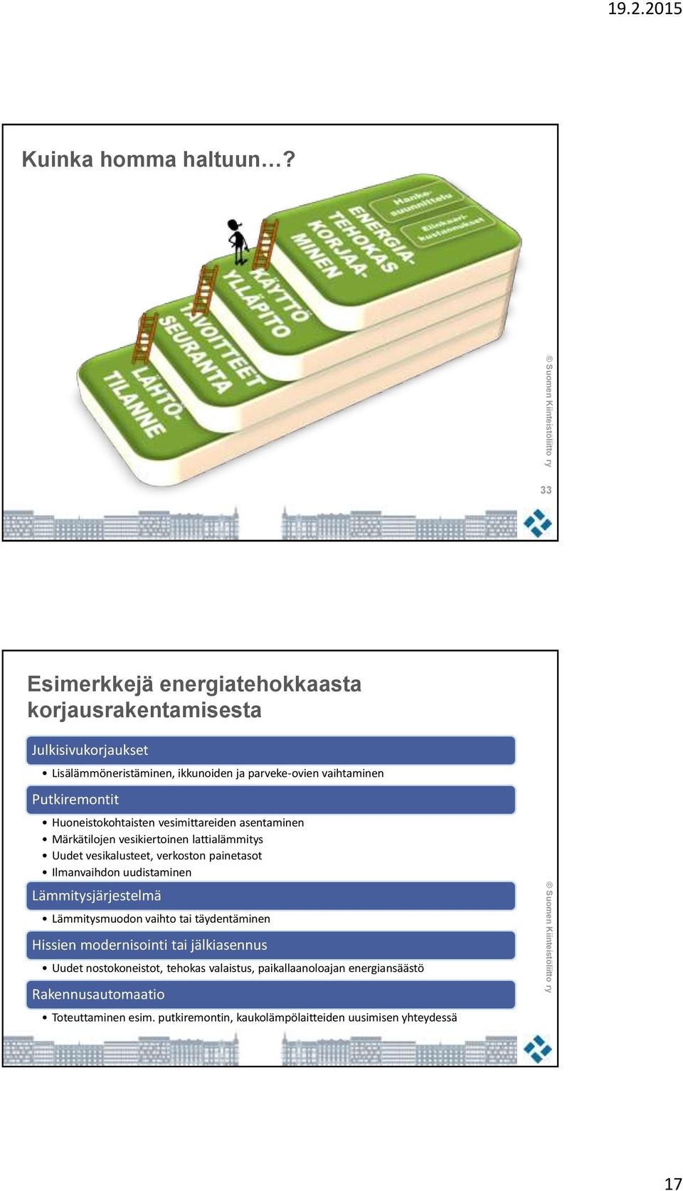 Putkiremontit Huoneistokohtaisten vesimittareiden asentaminen Märkätilojen vesikiertoinen lattialämmitys Uudet vesikalusteet, verkoston painetasot