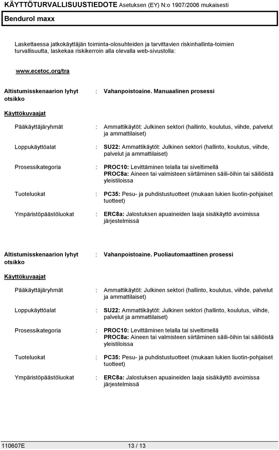 Manuaalinen prosessi Käyttökuvaajat Pääkäyttäjäryhmät : Ammattikäytöt: Julkinen sektori (hallinto, koulutus, viihde, palvelut ja ammattilaiset) Loppukäyttöalat : SU22: Ammattikäytöt: Julkinen sektori