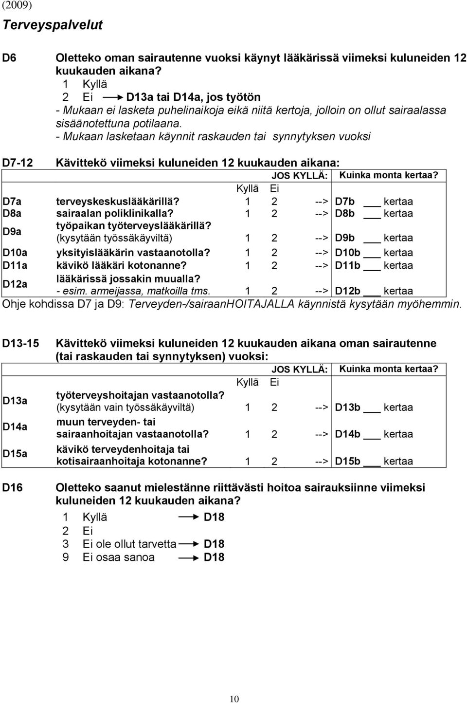 - Mukaan lasketaan käynnit raskauden tai synnytyksen vuoksi D7-12 Kävittekö viimeksi kuluneiden 12 kuukauden aikana: JOS KYLLÄ: Kuinka monta kertaa? Kyllä Ei D7a terveyskeskuslääkärillä?