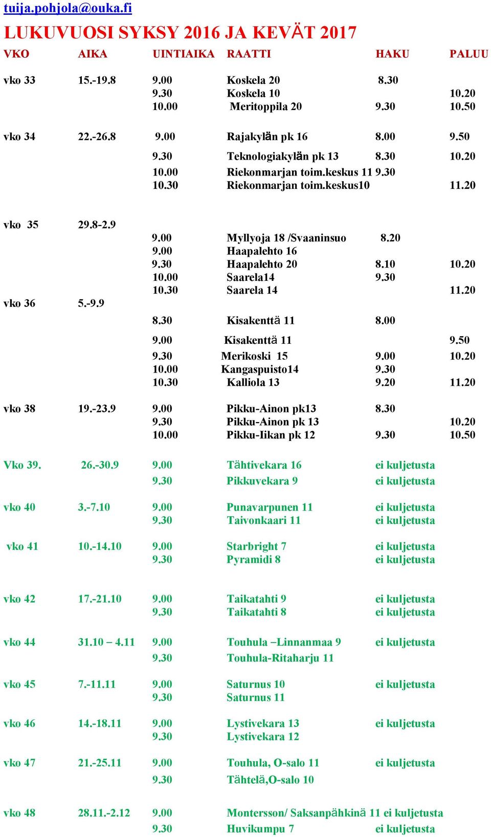 00 Myllyoja 18 /Svaaninsuo 8.20 9.00 Haapalehto 16 9.30 Haapalehto 20 8.10 10.20 10.00 Saarela14 9.30 10.30 Saarela 14 11.20 8.30 Kisakenttä 11 8.00 9.00 Kisakenttä 11 9.50 9.30 Merikoski 15 9.00 10.