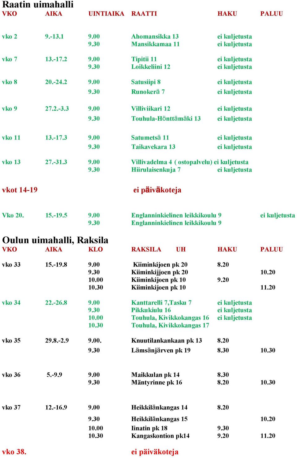 30 Touhula-Hönttämäki 13 ei kuljetusta vko 11 13.-17.3 9.00 Satumetsä 11 ei kuljetusta 9.30 Taikavekara 13 ei kuljetusta vko 13 27.-31.3 9.00 Villivadelma 4 ( ostopalvelu) ei kuljetusta 9.