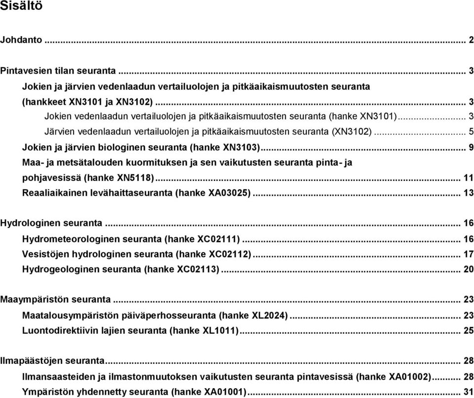 .. 5 Jokien ja järvien biologinen seuranta (hanke XN3103)... 9 Maa- ja metsätalouden kuormituksen ja sen vaikutusten seuranta pinta- ja pohjavesissä (hanke XN5118).
