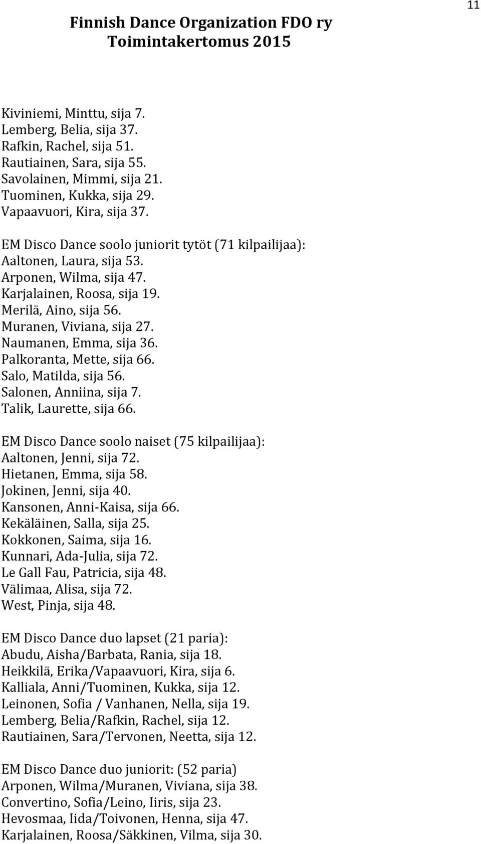 Naumanen, Emma, sija 36. Palkoranta, Mette, sija 66. Salo, Matilda, sija 56. Salonen, Anniina, sija 7. Talik, Laurette, sija 66. EM Disco Dance soolo naiset (75 kilpailijaa): Aaltonen, Jenni, sija 72.