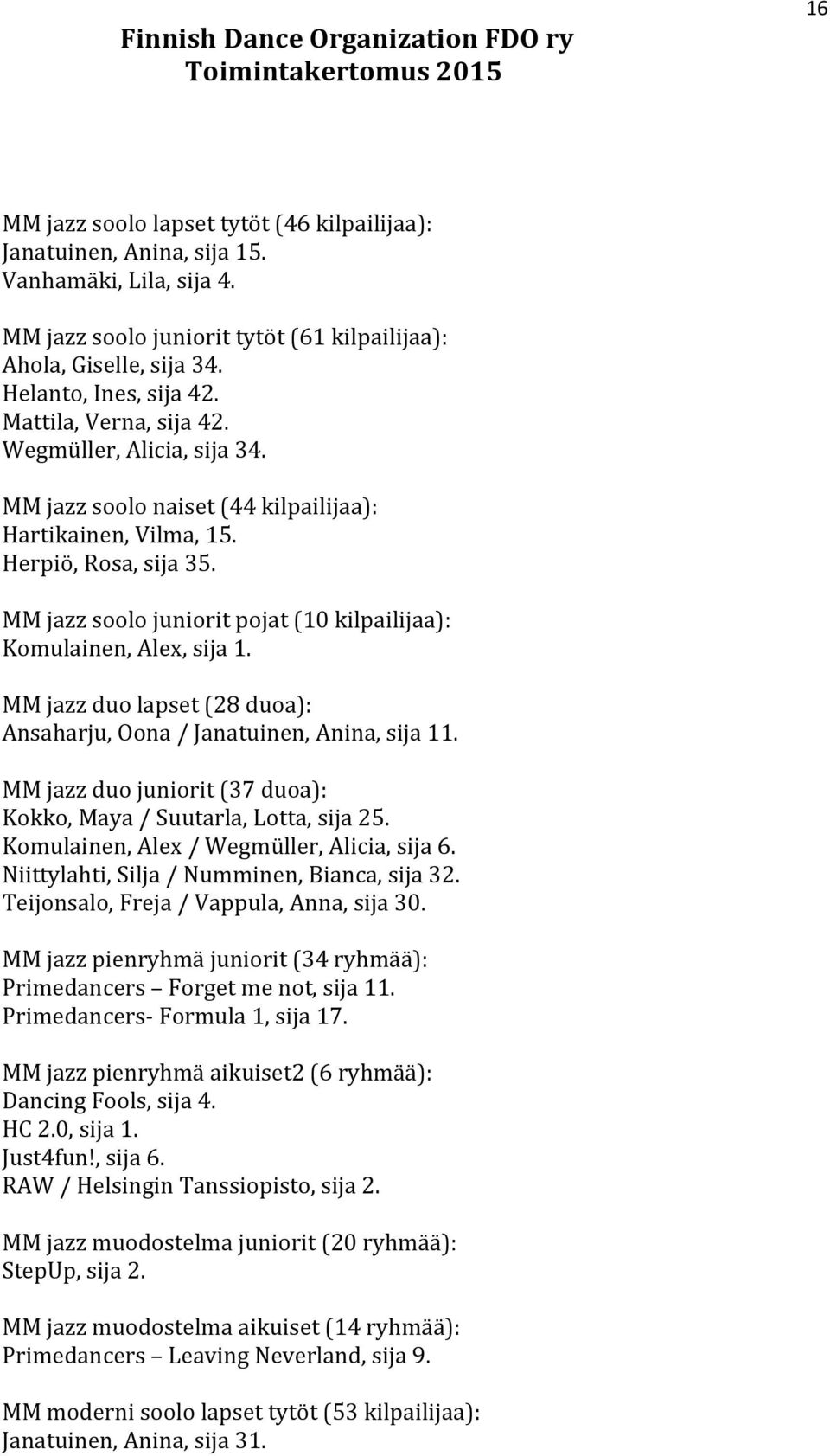 MM jazz soolo juniorit pojat (10 kilpailijaa): Komulainen, Alex, sija 1. MM jazz duo lapset (28 duoa): Ansaharju, Oona / Janatuinen, Anina, sija 11.
