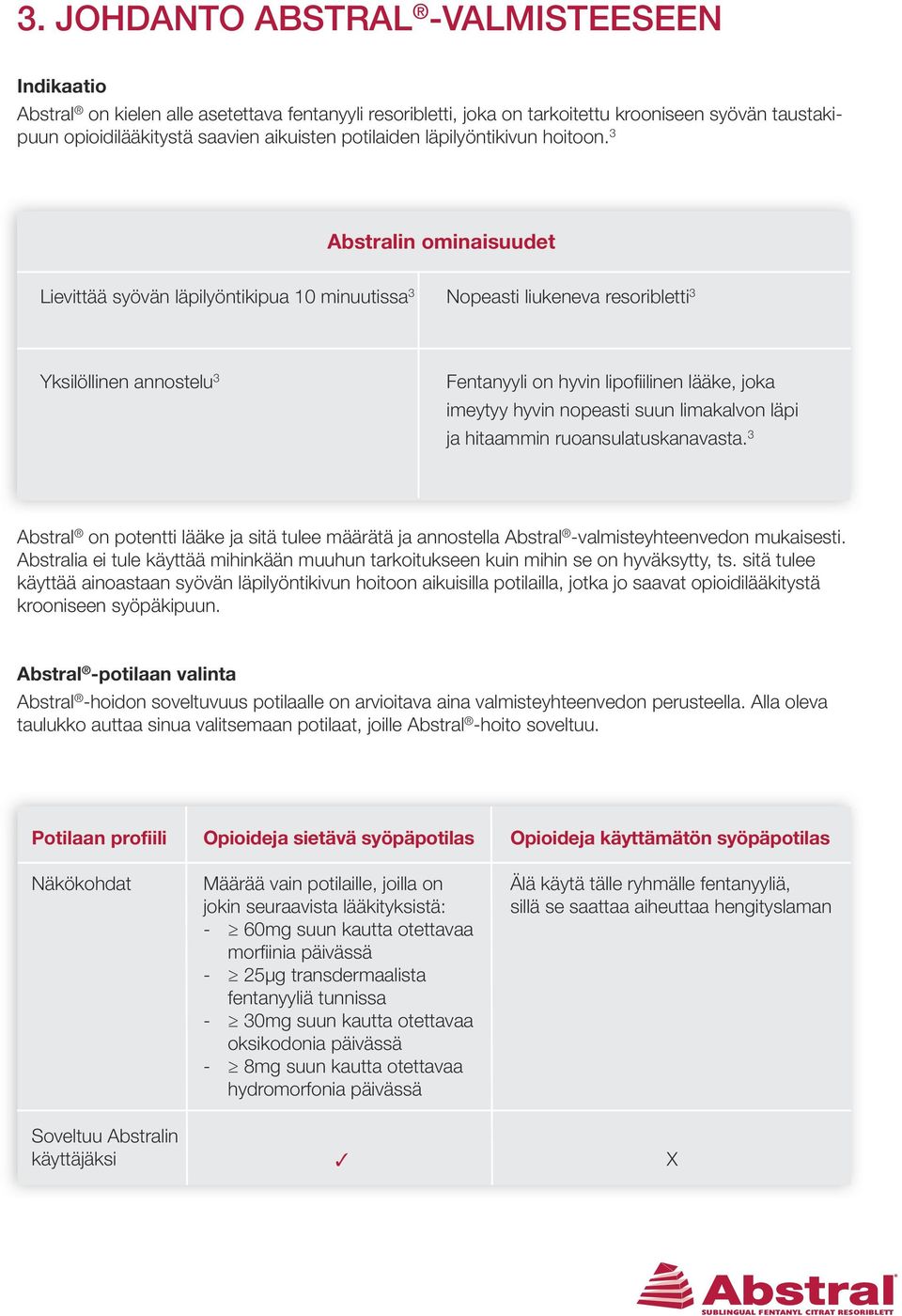 3 Abstralin ominaisuudet Lievittää syövän läpilyöntikipua 10 minuutissa 3 Nopeasti liukeneva resoribletti 3 Yksilöllinen annostelu 3 Fentanyyli on hyvin lipofiilinen lääke, joka imeytyy hyvin