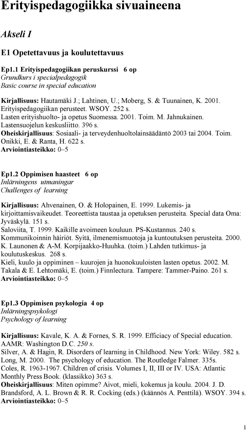 Erityispedagogiikan perusteet. WSOY. 252 s. Lasten erityishuolto ja opetus Suomessa. 2001. Toim. M. Jahnukainen. Lastensuojelun keskusliitto. 396 s.