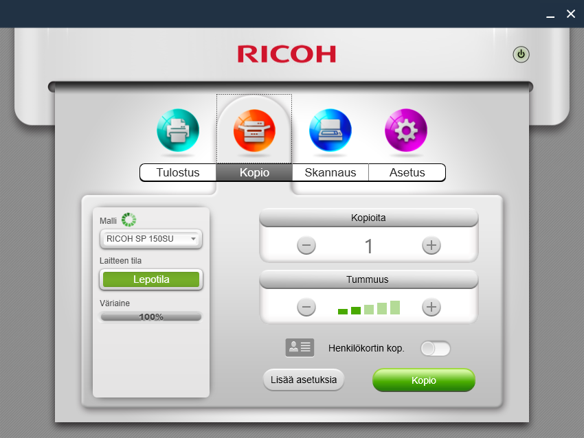 Kopiointi (mahdollista vain SP 150SU- ja SP 150SUw -malleissa) Tällä sovelluksella tehtyjä asetuksia käytetään vain, kun tulostinta käytetään sovelluksella.