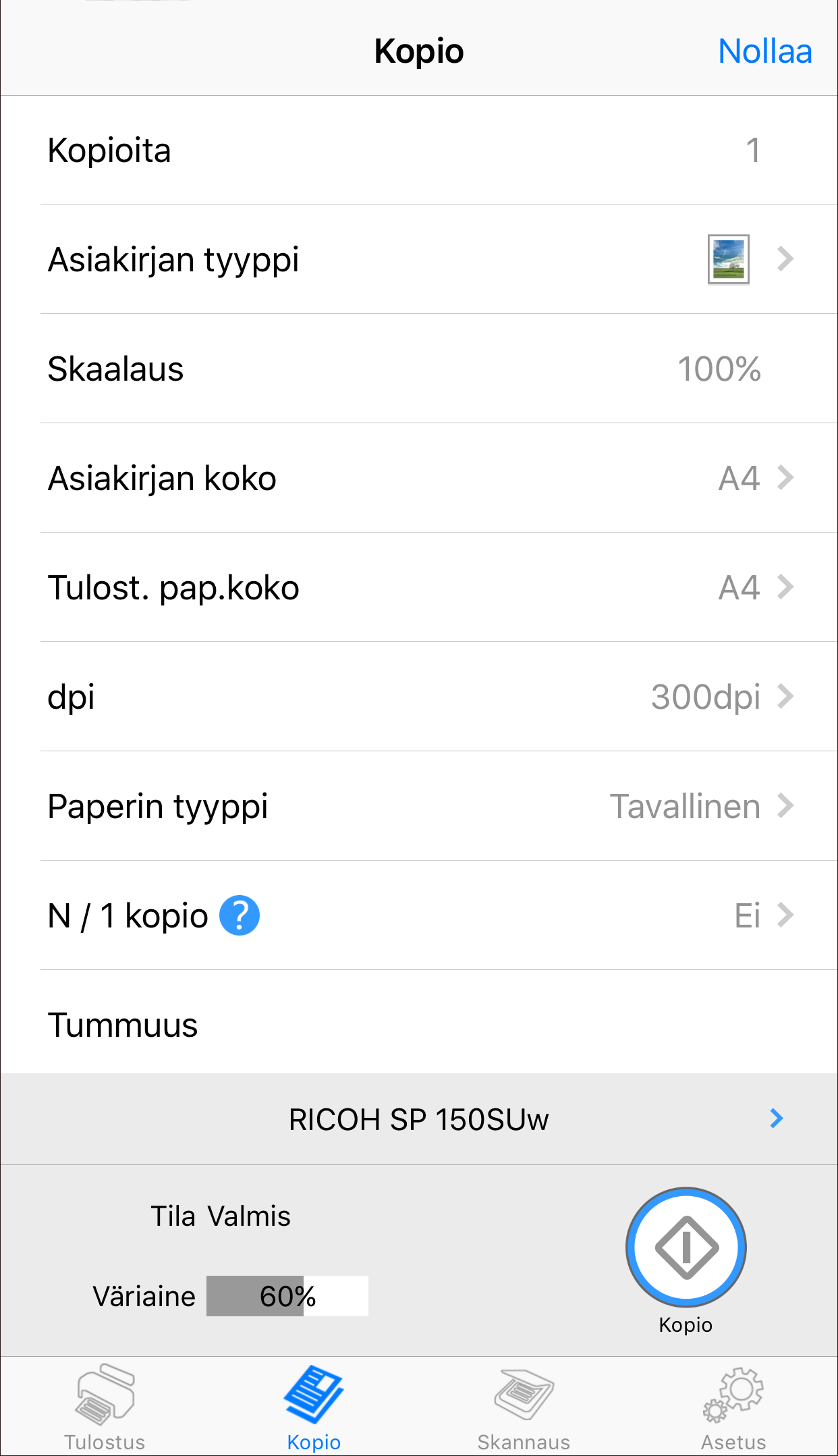 Kopio (mahdollista vain SP 150SU- ja SP 150SUw -malleissa) Tällä sovelluksella määritetyt asetukset ovat voimassa vain, kun tulostinta käytetään sovelluksen kautta.