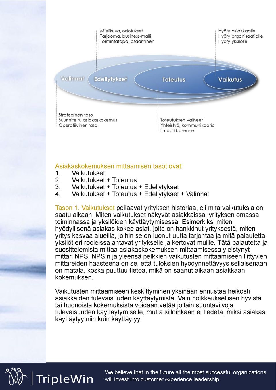 Esimerkiksi miten hyödyllisenä asiakas kokee asiat, joita on hankkinut yrityksestä, miten yritys kasvaa alueilla, joihin se on luonut uutta tarjontaa ja mitä palautetta yksilöt eri rooleissa antavat