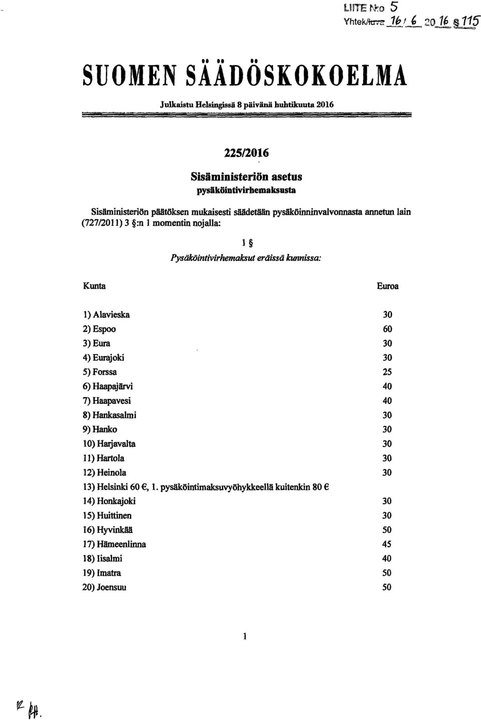 päätöksen mukaisesti säädetään pysaköinninvalvonnasta annetwllain (727/2011) 3 :n 1 momentin nojalla: 1 Pystiköintivirhemaksut eräissä kunnissa: Kunta Euroa 1)