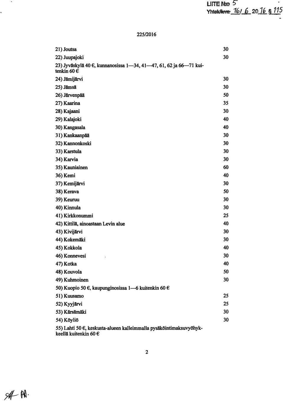 41) Kirkkonummi 42) Kittilä, ainoastaan Levin alue 43) Kivijärvi 44) Kokemäki 45) Kokkola 46) Konnevesi 47) Kotka 48) Kouvola 49) Kuhmoinen 50) Kuopio 50.