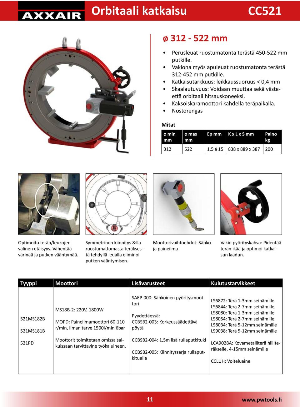 Nostorengas ø min mm ø max mm Ep mm K x L x S mm Paino kg 312 522 1,5 á 15 838 x 889 x 387 200 Optimoitu terän/leukojen välinen etäisyys. Vähentää värinää ja putken vääntymää.