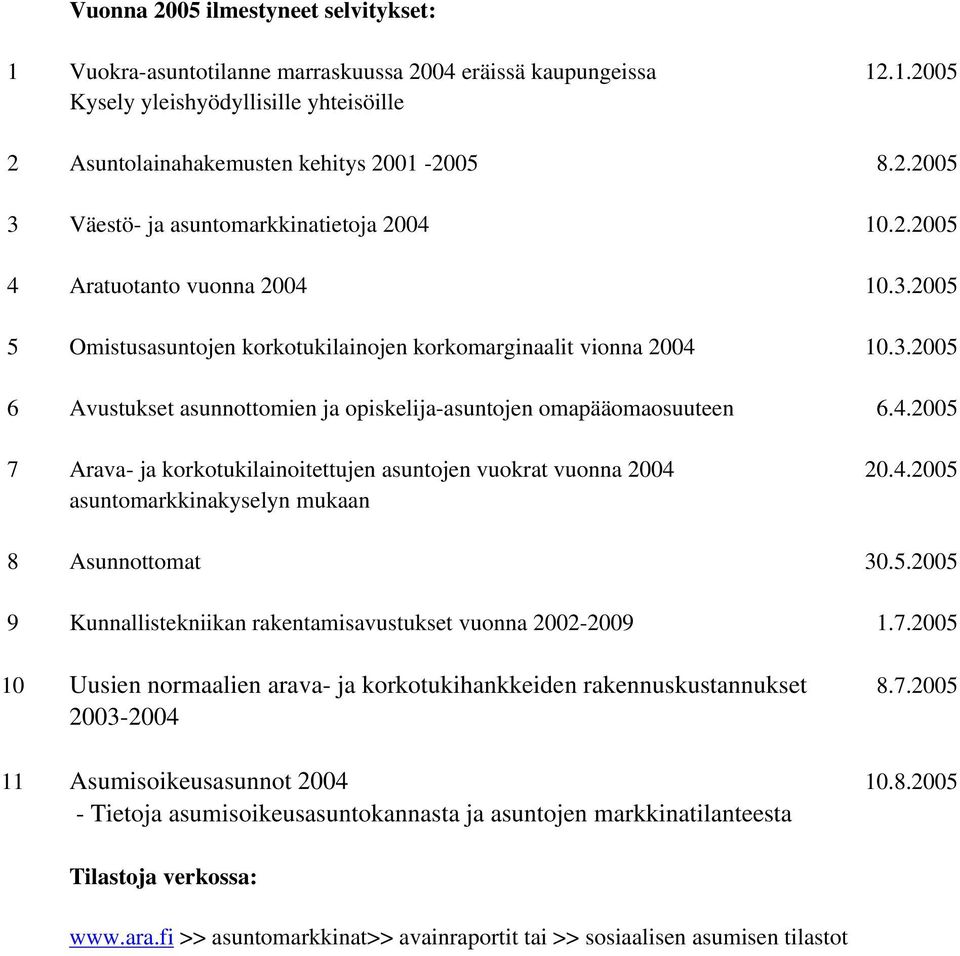 4.2005 asuntomarkkinakyselyn mukaan 8 Asunnottomat 30.5.2005 9 Kunnallistekniikan rakentamisavustukset vuonna 2002-2009 1.7.