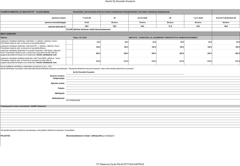 55,5 56,0 TILAUS Merkitse tilauksesi rastilla tilaussarakkeeseen MUUT VARUSTEET Väliovet Tilaus: 16.1.2015 HINTA/OVI, OVIEN KOKO JA LUKUMÄÄRÄ TARKISTETTAVA ASUNTOKOHTAISESTI.
