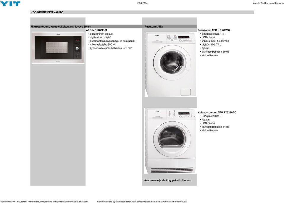 1400k/min täyttömäärä 7 kg ajastin äänitaso pesussa 59 db väri valkoinen Kuivausrumpu: AEG T76280AC Energialuokka: B Ajastin LCD-näyttö äänitaso pesussa 64 db väri valkoinen *