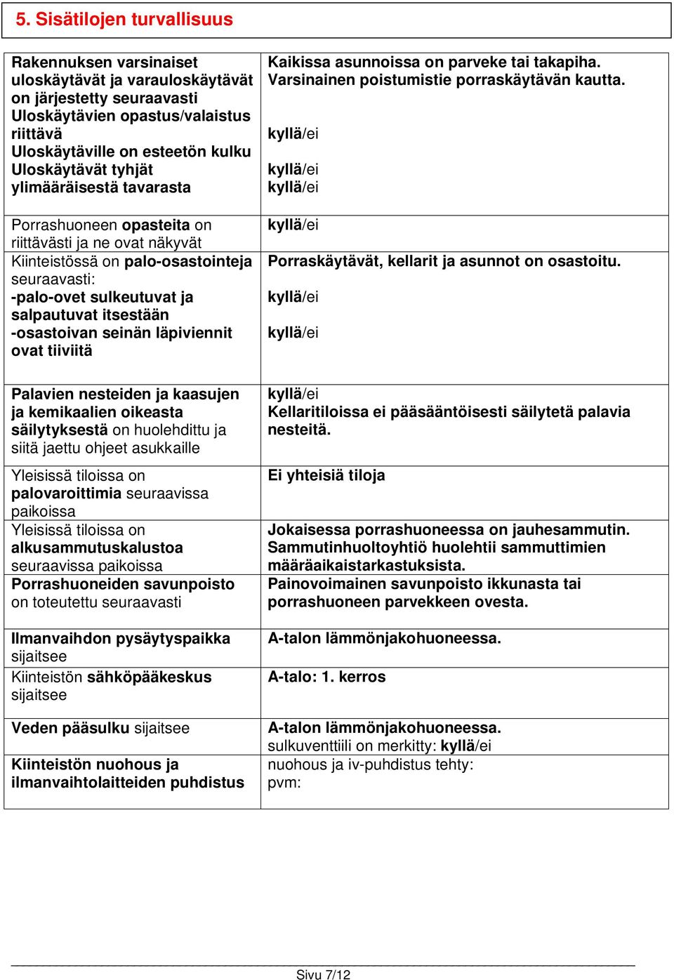 seinän läpiviennit ovat tiiviitä Palavien nesteiden ja kaasujen ja kemikaalien oikeasta säilytyksestä on huolehdittu ja siitä jaettu ohjeet asukkaille Yleisissä tiloissa on palovaroittimia