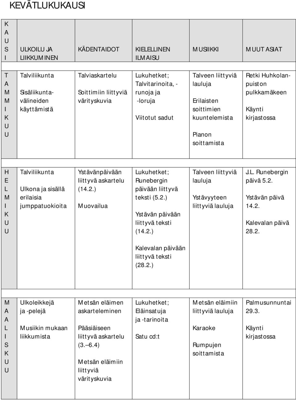 (14.2.) uovailua Runebergin päivään liittyvä teksti (5.2.) Ystävän päivään liittyvä teksti (14.2.) Talveen liittyviä lauluja Ystävyyteen J.. Runebergin päivä 5.2. Ystävän päivä 14.2. alevalan päivä 28.